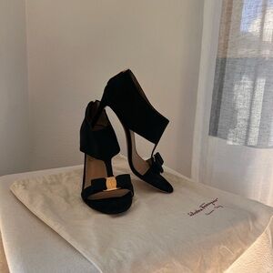 Salvatore Ferragamo Black Heeled Sandals with Bow Accent